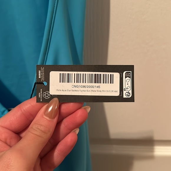 NEW WITH TAGS: Petite Aqua Blue Backless Ruched Slinky Mini Dress - Picture 3 of 3